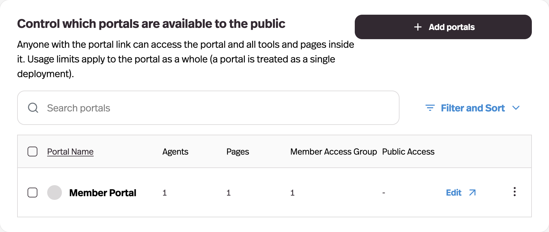 Pickaxe access group settings showing member portal connections for onboarding agent